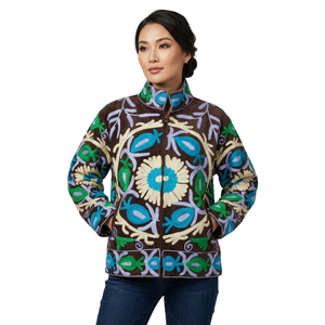 Hand Embroidered Floral Cotrise Quilted <b>Jacket</b> Mandarin Collar Full Sleeve Button Closure 100% Cotton Eco-Friendly Breathable - Product Image 1
