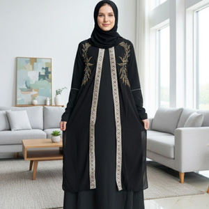 Robe Abaya noire brodée pour femmes, manches longues, longueur au sol, vêtements islamiques modestes, tenue quotidienne, style Moyen-Orient, polyester - Product Image 1