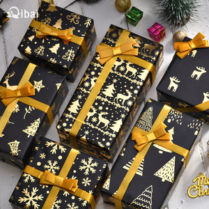 Qibai nouveau papier d'emballage de Noël or chaud vintage or noir wapiti neige <span class=keywords><strong>arbre</strong></span> de Noël cadeau papier d'emballage cadeau - Product Image 1