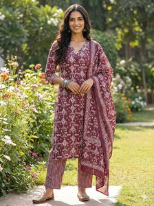 Women Maroon Cotton Kurta/Kurti Set White Discharge Print Traditional Indian Pakistani Party Wear Knee-Length Regular Fit Quick - Product Image 3