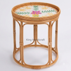 Export Quality Natural Woven Rattan Coffee <b>Table</b> <b>Round</b> Mother of Pearl Inlaid Top <b>Bedside</b> Accent Side <b>Table</b> - Product Image 3