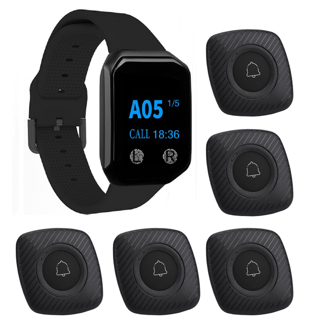 Waterproof Restaurant Call Button System with Watch Over 85h Battery Life 100m Wireless Range 433MHz 5 Buttons for Hotels Cafes