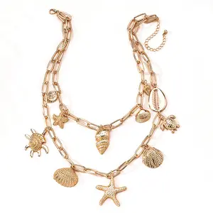 Multi層Ocean Style Gold Pated Alloy Turtle Tortoise Starfish Conce Shell Personality Bohemian Chunky Chain Necklace