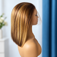 Perruque Bob Courte Droite en Cheveux Humains P4/27, Chocolat Brun Blond Miel, avec Dentelle Frontale, Vente en Gros