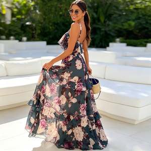 Women Summer Casual Floral Print Two Piece Set Sleeveless Ruffle <b>Crop</b> Tiered Maxi <b>Skirt</b> Breathable Boho Beach Vacation Outfit - Product Image 3