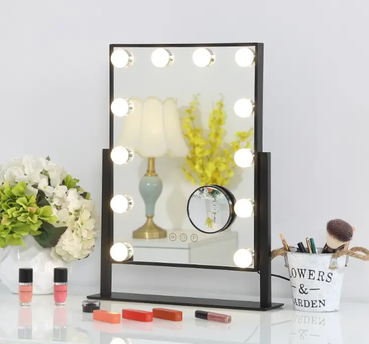 Adjustable 12 led hollywood makeup mirror Smart touched switch Desktop 3 colors LED lighting 360 rotation cosmetic mirror