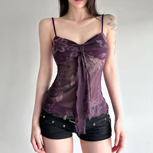 <b>Y2K</b> Sexy <b>Vintage</b> Floral Knitted Halter Cami Top Women Ruched Bust Tie Front Spaghetti Strap Slim Fit Short Clubwear Tank - Product Image 6