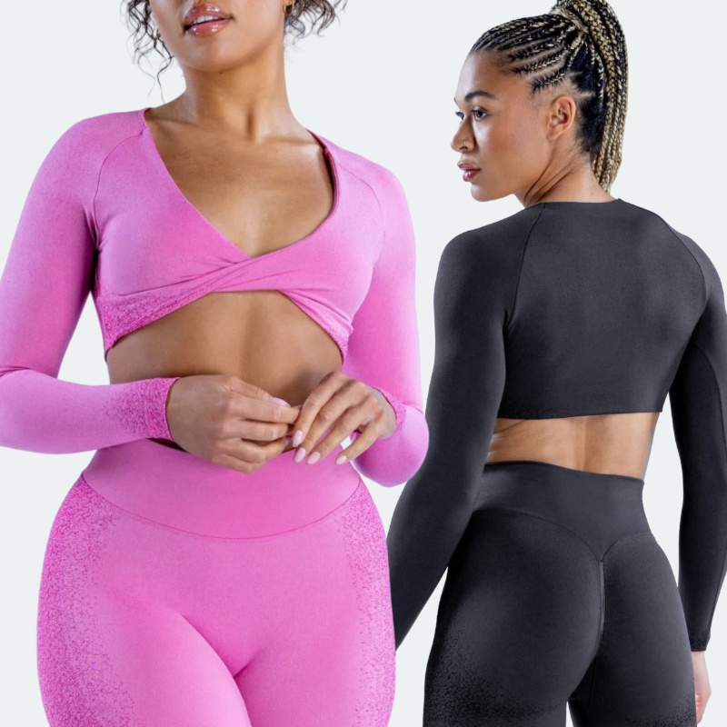 Yimo Fashion Long Sleeve Yoga Top Lady Deep V Neck Gym Short Top Female Solid Color Cross Fitness Bra