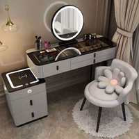 Table de maquillage moderne et intelligente avec chargeur sans fil, armoire latérale, miroir LED rond, plateau en verre, plusieurs tiroirs, bureau de maquillage pour chambre à coucher