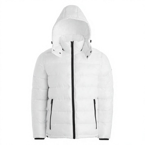 <b>Men's</b> <b>White</b> Hooded <b>Puffer</b> <b>Jacket</b> Windproof Zipper Closure Casual Winter Wear Regular Fit Polyester Shell Solid Color - Product Image 1