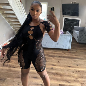 New Women's Solid Color Mesh Hollow Sexy Embedding Slim Fit <b>Knitted</b> Short Sleeve Jumpsuit Women Clothing - Product Image 4