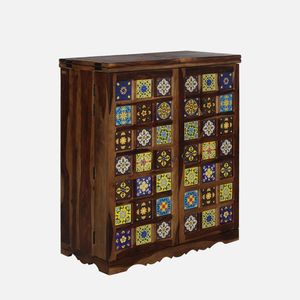 Durable Sheesham Wood <b>Bar</b> Cabinet Provincial Teak Finish Solid Hardwood <b>Bar</b> Furniture with <b>Shelves</b> for Home Living Room - Product Image 2