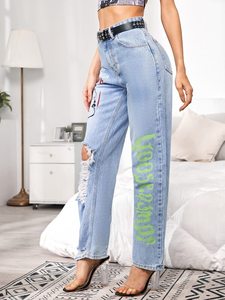 <span class=keywords><strong>Alta</strong></span> <span class=keywords><strong>cintura</strong></span> figura gráfico mamá pantalones vaqueros sin cinturón Casual pierna recta botón arrancó <span class=keywords><strong>Jeans</strong></span> - Product Image 3