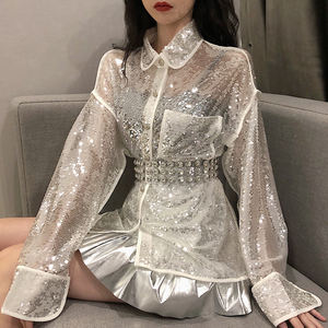 Vente en gros Nouvelle arrivée Printemps Nouveau Blingbling Blouses Femmes Paillettes À Manches Longues Chemise Décontractée <span class=keywords><strong>Femme</strong></span> Mode Surdimensionné Haut à Paillettes - Product Image 1