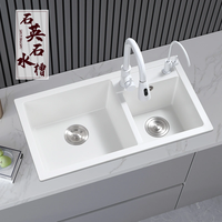 Évier de cuisine double à deux trous en granit quartz moderne à encastrer avec robinet, blanc, épaisseur 3,0-5,0 mm, garantie 1 an