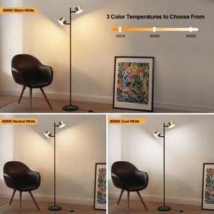 Lampadaire LED moderne réglable à 2 têtes, support de température noir et or à 3 couleurs pour chambre à coucher, salon, bureau avec abat-jour en métal - Product Image 6