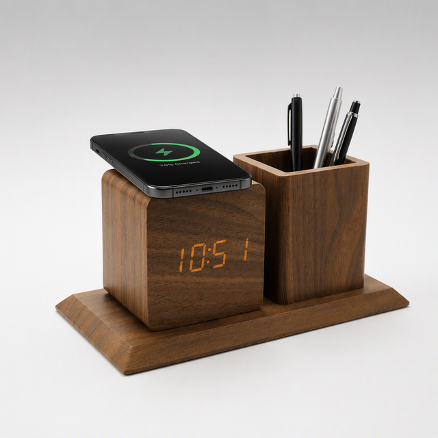 Wireless Charging Pen Holder with LED Digital Alarm Clock Wooden Desk Organizer for Office Home