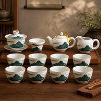 Service à thé chinois 13 pièces en porcelaine Grande Muraille, coffret cadeau, service à thé Gongfu, théière Gaiwan, Cha Hai, 8 tasses, peinture paysagère, bord doré