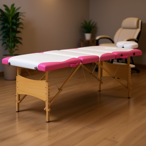Table de massage pliable blanche et rose avec cadre en bois, appui-tête intégré, éponge de densité moyenne, cuir PU, design contemporain pour salon - Product Image 2