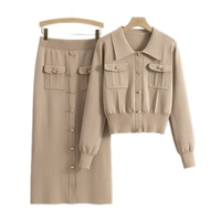 Ensemble décontracté tricoté doux pour femme, col rabattu, poches, boutonnage simple, collection automne-hiver, best-seller