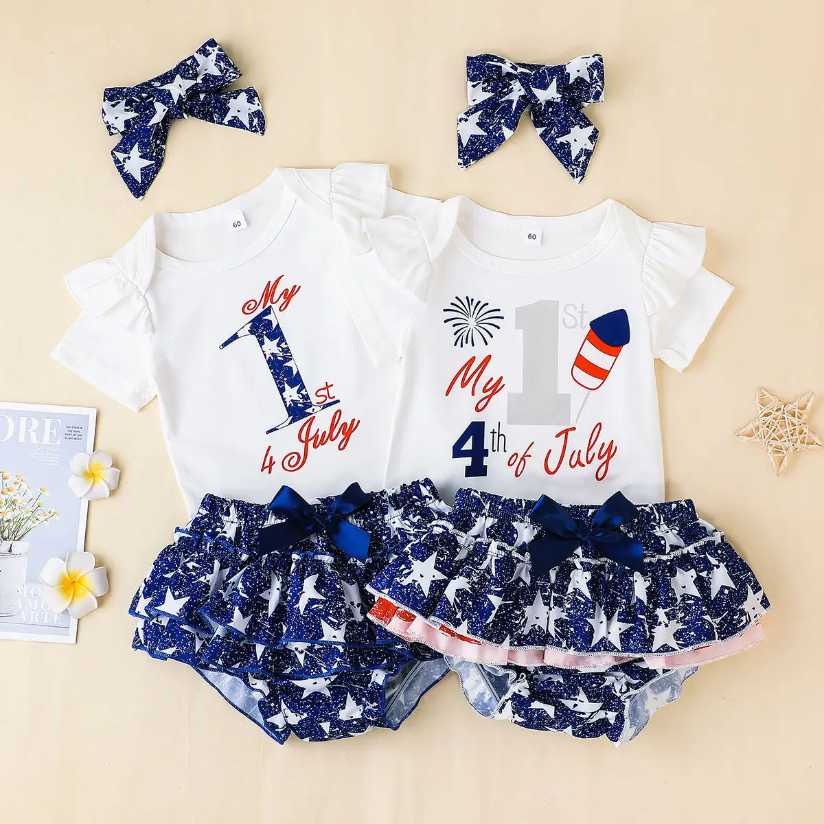 0-18M My 1st 4 July Print Baby Girls Sets Bodysuit & Star Briefs & Headband Wholesale Baby Clothes In Bulk