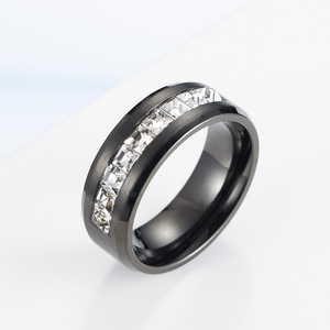 <b>Titanium</b> Steel <b>Ring</b> 8mm Diamond Set Channel Setting Unisex Fashion Jewelry Gift Rose Gold <b>Black</b> Steel Color Geometric Design - Product Image 2
