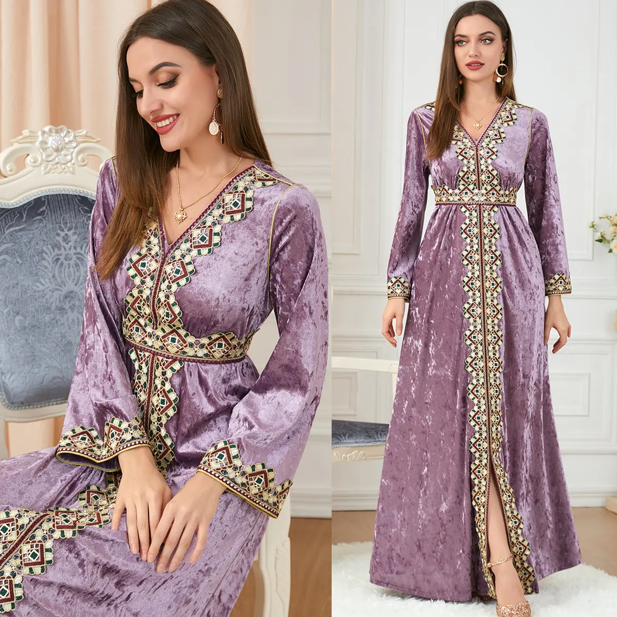 Đầm Kaftan Ma-rốc Dubai Áo Choàng Hở Phía Trước Cho Nữ Ruy Băng Màu Vàng Rộng Tay Áo Thổ Nhĩ Kỳ Ả Rập Hồi Giáo Nhung