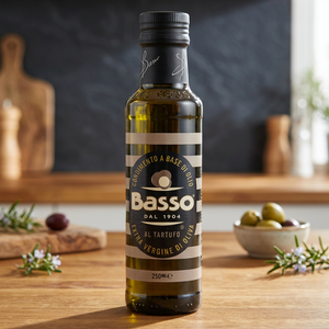 Huile d'olive extra vierge aromatisée à la truffe Frantoio Basso, bouteilles de 250 ml (12 par boîte), prête à l'emploi, durée de conservation de 18 mois, qualité supérieure - Product Image 2