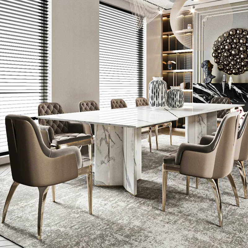 Chaise de salle à manger design de luxe en acier inoxydable table à manger moderne avec marbre naturel ensemble table à manger dix places