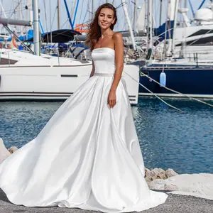 En iyi fransa saten düğün elbisesi A-line artı boyutu giriş Suknia Slubna straplez Lace Up geri basit gelinlikler