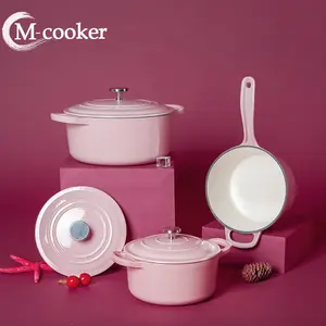 M-cooker-Juego de utensilios de cocina, olla de esmalte rosa, juego de cazuela de hierro fundido