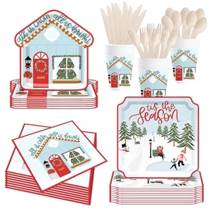 DAMAI Christmas Decoration Gingerbread Cottage with Christmas Tree <b>Disposable</b> <b>Tableware</b> Set Christmas Paper Plates Cups Napkins - Product Image 2