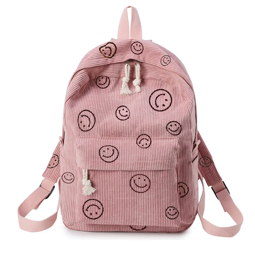 Fashion Smiley Face Soft Fabric Corduroy Backpack Girls School Backpack Teenagers Casual Daily Pack