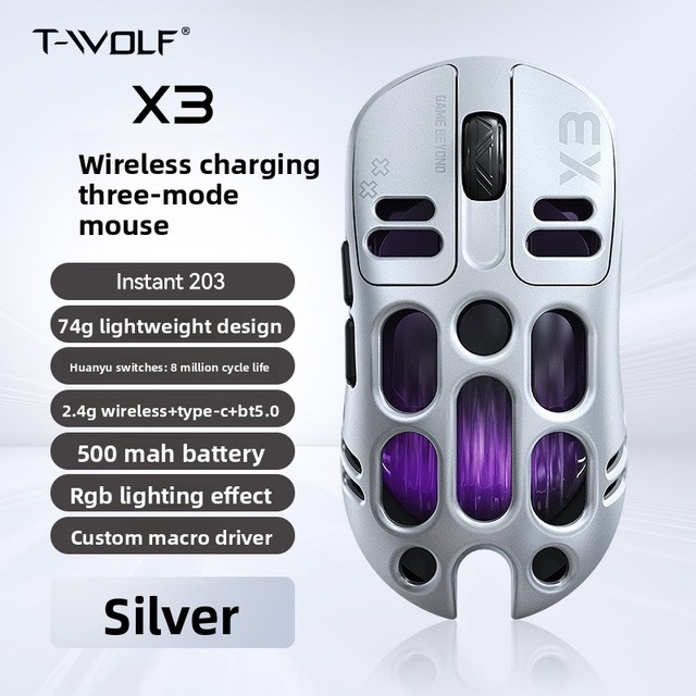 T-WOLF X3 Wireless for Six-Button Ergonomic Triple-Mode Gaming Hollow-Out RGB Mechanical E-Sports Mouse