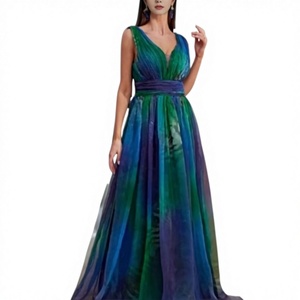 <span class=keywords><strong>Robe</strong></span> d'été pour femme SS109, nouveau style, coupe trapèze, en mousseline imprimée, col en V profond, dos nu, idéale pour les mariages, collection Europe Commerce Extérieur - Product Image 1