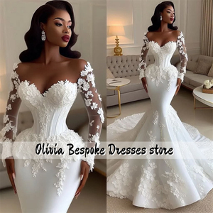 Maravillosos vestidos de <span class=keywords><strong>novia</strong></span> de sirena Aso Ebi para novias 2025 Apliques de encaje mangas largas vestidos de compromiso de <span class=keywords><strong>novia</strong></span> africanos personalizados - Product Image 2