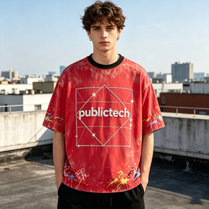 T-shirts pour hommes personnalisés de marque, style streetwear, délavés à l'acide, imprimés numériquement à la main, col rond, lettres vintage en strass - Product Image 3