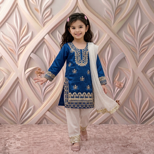 Ensemble Salwar Kameez Brodé Bleu pour Filles, en Mélange de Soie, Kurta, Palazzo et Dupatta, Séchage Rapide, Idéal pour Fêtes et Mariages Traditionnels - Product Image 1