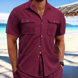 Chemise décontractée d'été pour homme à manches courtes en tissu gaufré, couleur unie, col boutonné, poche, respirante, coupe décontractée - Product Image 4