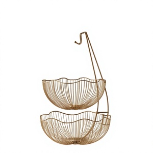 Cesta de Almacenamiento de Frutas de Dos Niveles, de Alambre Metálico Dorado, con Borde Festoneado en Forma de Pétalo, con Gancho para Colgar Plátanos, Organizador de Encimera - Product Image 1