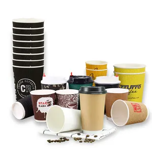 Recycle Custom Logo Disposable Beverage Packaging Hot Drinks Coffee Paper Cup Double Wall Ripple Wall Cup With Lids