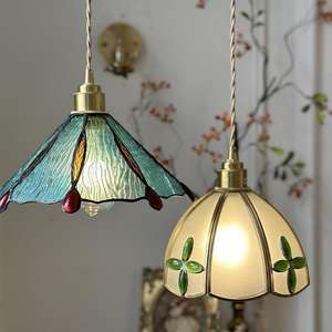 <span class=keywords><strong>Lampe</strong></span> à souder rétro en laiton artisanal, style américain, pour chevet, couloir, salle à manger, café et petite pièce en verre coloré - Product Image 2