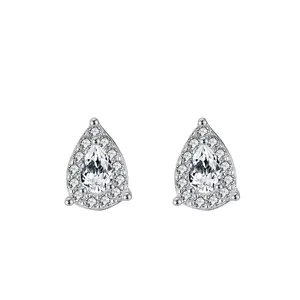 RINNTIN SE317 S925 Sterling Silver 1 Single Tear Drop Shape Solitaire Cubic Zirconia 3 Prong Halo Woman Stud Earring