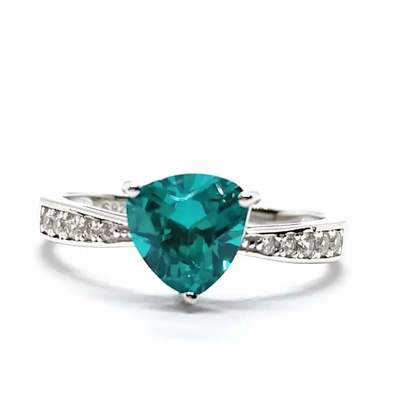Classic 925 Sterling Silver Gemstone Bridal Wedding Jewelry Trillion Cut Brazilian Paraiba Halo Engagement Ring