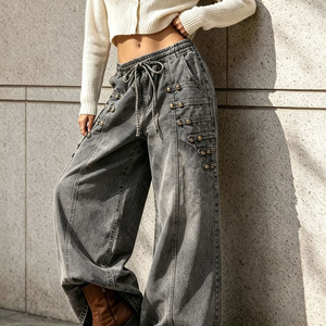 European and American Style High <b>Waisted</b> Wide Leg <b>Jeans</b> with Washed Metal Buckle Design and Drawstring <b>Elastic</b> Waistband - Product Image 3