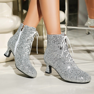 Botines con lentejuelas brillantes, con cordones delanteros y tacón bajo, zapatos de vestir para espectáculos y fiestas de Año Nuevo, botas sexys para mujer - Product Image 1