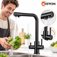 Robinet de cuisine en laiton à bec haut pivotant, double poignée, double sortie, avec filtre à eau, à poser sur comptoir