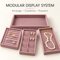 Plateau à bijoux en velours rose personnalisé, organiseur de tiroir empilable avec compartiments sur mesure pour ranger bagues, boucles d'oreilles et colliers