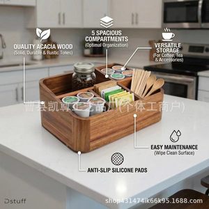 Caja de almacenamiento de madera maciza con compartimentos, organizador de café y bolsitas de té para mostrador de bar, caja de almacenamiento para escritorio de sala de estar - Product Image 1
