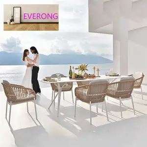 Everong Nieuw Design Aluminium Restaurant Meubels Tuintafel Set Touw Geweven Eettafel En Stoelen